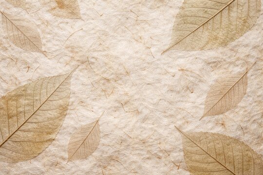 Handcrafted paper background featuring natural white mulberry fibers and unique textured leaves
