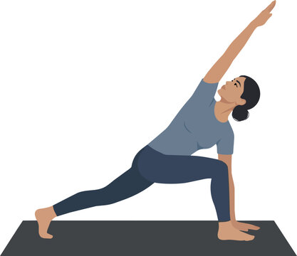 A clean, minimalist vector illustration of a woman performing the Extended Side Angle Pose (Utthita Parsvakonasana), an energizing yoga posture that strengthens the legs and stretches the entire side 