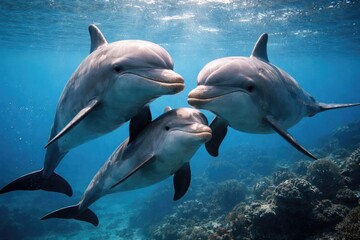 Obraz premium Friendly group of bottlenose dolphins including a baby dolphin in deep ocean setting