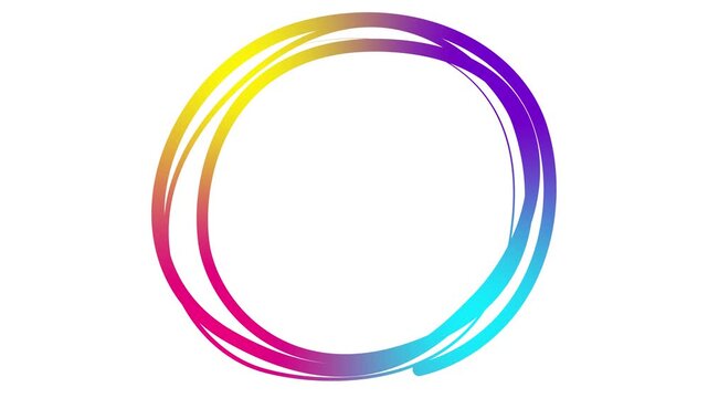 Animated colorful decorative lines is drawn. Linear multicolor circle frame with copy space. Fluid effect. Drop of liquid moving. Looped video. Vector illustration isolated on white background.
