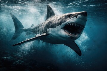 Naklejka premium Ocean predator great white shark captured in motion underwater