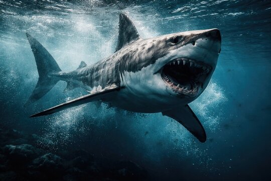 Ocean predator great white shark captured in motion underwater