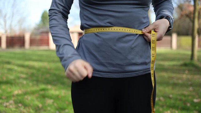 Close up woman measures waist with tape after workout feeling disappointed showing lack of progress body change frustration fitness struggle outdoor routine