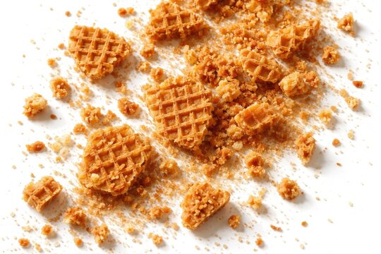 Crispy crumbled waffle cookie bits spread over white backdrop