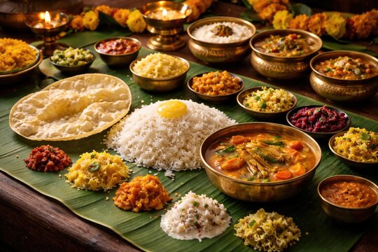 Authentic South Indian vegetarian festival spread with ghee pappadom and traditional sambar