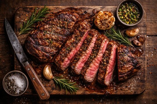 Freshly grilled medium rare steak displayed on textured wooden serving board overhead