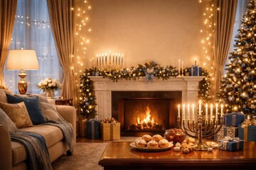 Fototapeta premium Elegant Hanukkah decorated living room showcasing copyspace for messaging