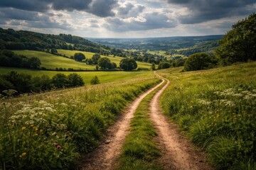 Fototapeta premium Distant overview of a picturesque trail on green rural landscape beneath a cloudy sky
