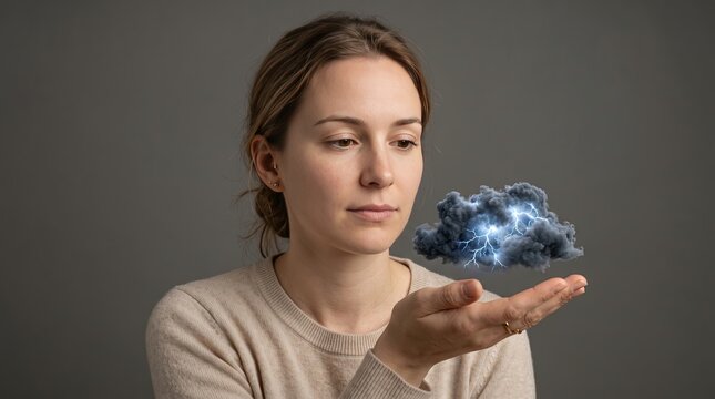 Emotional self regulation concept, woman holding storm cloud above palm in minimal studio