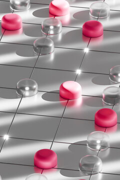 Pink 3D button grid with chrome nodes and reflections
