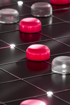 Magenta 3D circuit nodes on glossy black grid