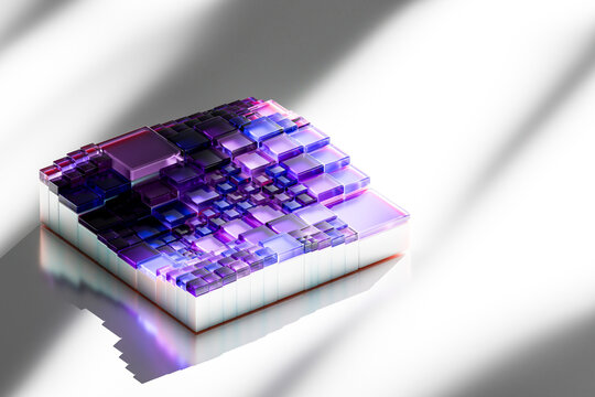 Purple 3D pixel circuit with layered glass tiles