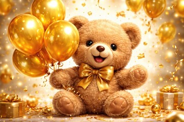 Fototapeta premium Cheerful teddy bear illustration featuring bright golden balloons