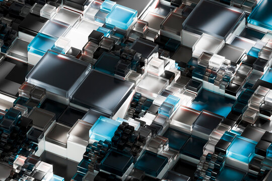 Aqua 3D circuit mosaic with layered glass squares