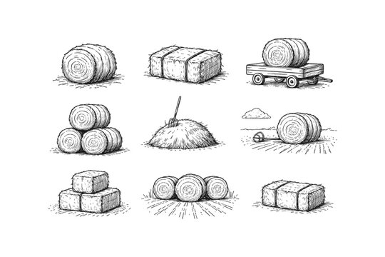 Collection of hand-drawn illustrations of various hay bales and farm equipment