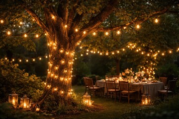 Fototapeta premium Electric string lights wrapped on garden tree creating a cozy outdoor party atmosphere