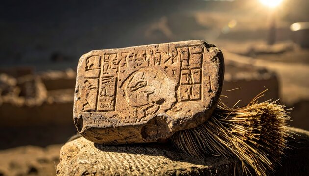 Ancient weathered clay tablet fragment displaying intricate cuneiform script and historical symbols, a tangible piece of early civilization.
