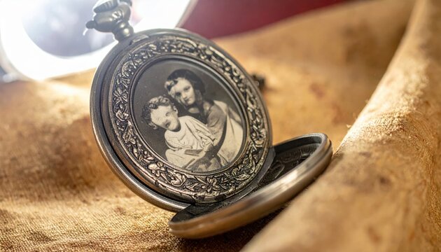 Antique silver locket with intricate engraved floral patterns holding a vintage family portrait, displaying cherished memories