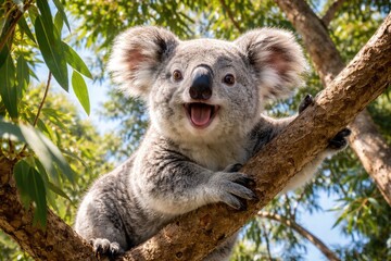 Fototapeta premium Joyful koala exploring tree canopy during clear weather