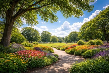 Obraz premium Bright summer sky and tall leafy tree framing a colorful garden and open park