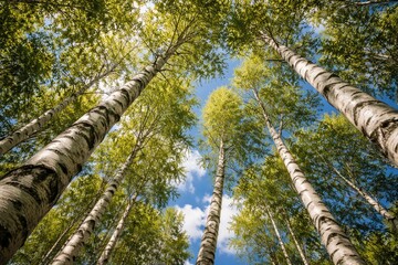 Fototapeta premium Branches of white barked trees reaching up to a blue sky