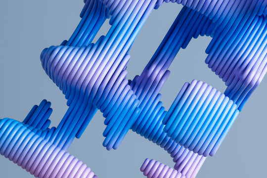 Blue 3D ribbed tubes linked in abstract geometry