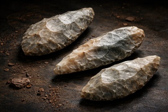 Carved quartzite bifacial pebbles from Paleolithic era representing early human weaponry on dark surface