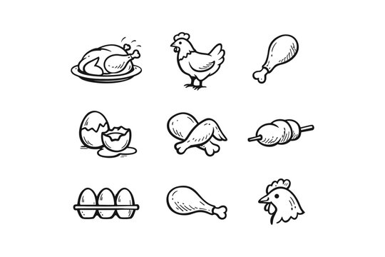Collection of hand-drawn chicken and egg icons for culinary use
