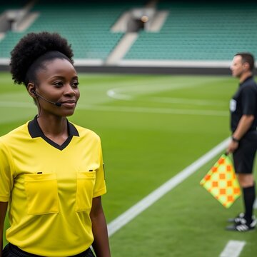 Female soccer referee in yellow uniform with microphone, focused and determined on the field, with a male assistant referee holding a flag.