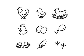 Fototapeta premium Collection of simple hand-drawn chicken and farm icons on a white background