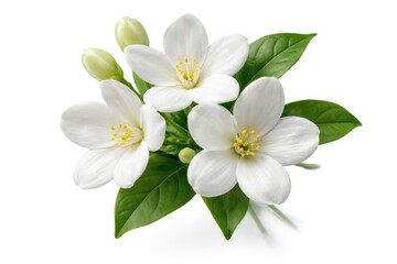 Fototapeta premium Detailed view of sampaguita flower isolated on white backdrop