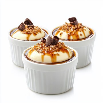 Chocolate cr&egrave;me br&ucirc;l&eacute;e isolated on a white background, showcasing its rich, creamy texture and caramelized top.