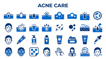 Fototapeta premium Acne care icons showing skin problems like pimples and blackheads with treatment solutions and healthy skin concepts for dermatology and beauty industry