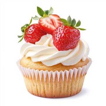 Strawberry muffin cake isolated on a white background, showcasing its vibrant color and fresh fruit topping.
