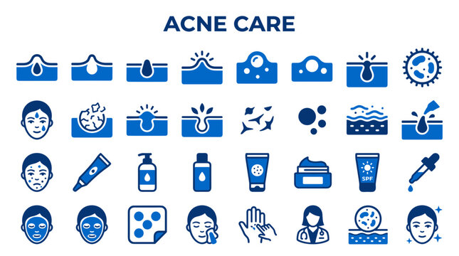 Acne care icons showing skin problems like pimples and blackheads with treatment solutions and healthy skin concepts for dermatology and beauty industry