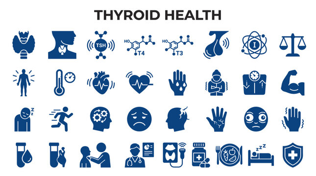 Thyroid health icons and symbols representing medical conditions and treatments for endocrine system wellness and body function