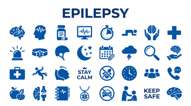 Epilepsy awareness icons and symbols representing seizure management medical care and safety precautions for brain health and neurological disorder support
