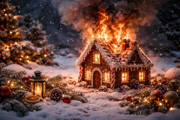 Fototapeta premium Burning gingerbread house amidst snow and Christmas decorations with smoke during festive season copy space