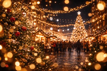 Fototapeta premium Joyful holiday atmosphere with bright Christmas lights creating a sparkling bokeh