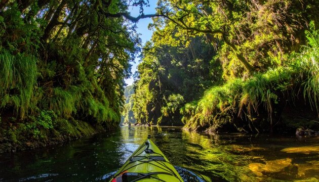Kayaking down a lush green river gorge surrounded by dense temperate rainforest