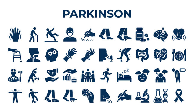 Parkinson Disease Symptoms and Medical Icons Set Illustrating Neurological Disorder and Healthcare Concepts