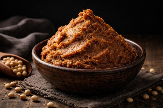 Handmade miso paste from soybeans presented against black background