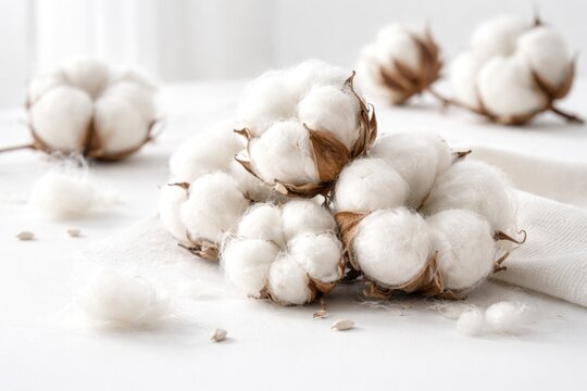 Clean white surface highlighting natural cotton flowers with fluff