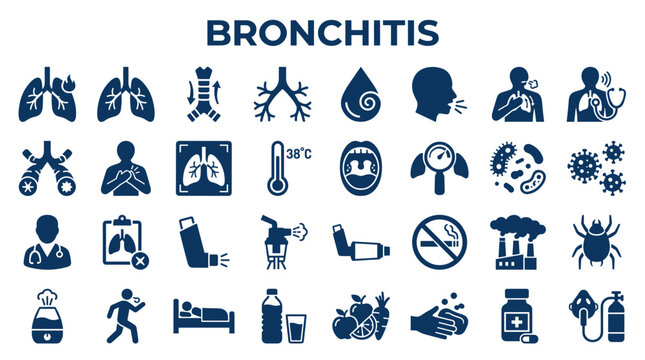 Bronchitis symptoms causes treatment icons set lungs infection respiratory illness medical condition diagnosis and prevention symbols