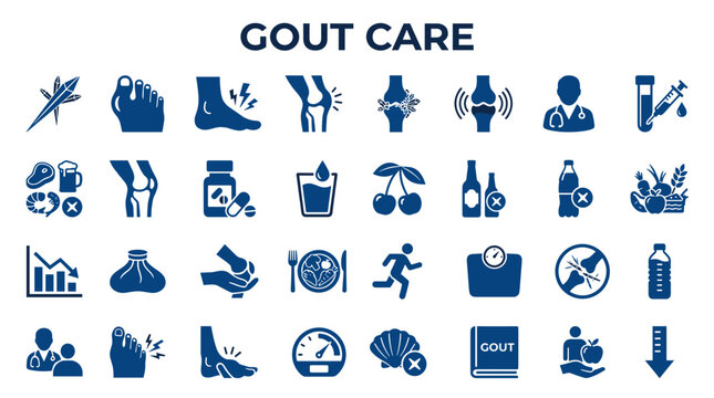 Gout Care Icons Illustrating Symptoms Treatment Diet and Lifestyle Management for Joint Pain Relief and Health