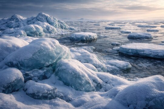 Frosty landscape showcasing snow laden ice hummocks and scattered floating ice floes