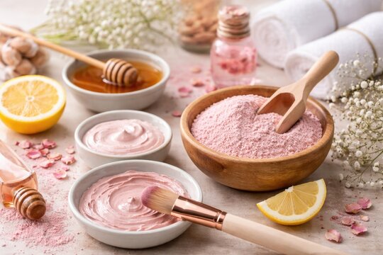 Beauty treatments featuring pink bentonite powder with easy DIY mask recipes