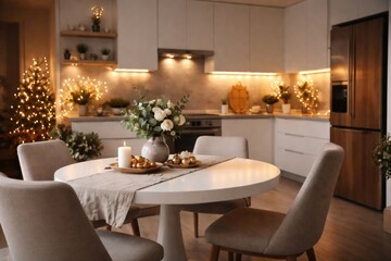 Fototapeta premium Contemporary kitchen scene with white round table and holiday lights with copy space