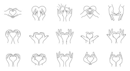 Fototapeta premium Collection of Hand Heart Gestures Line Art Icons - Love, Care, Support, Charity, Valentine's Day