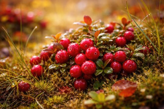 Bright red wild cranberries abundant in rich grass on autumn day